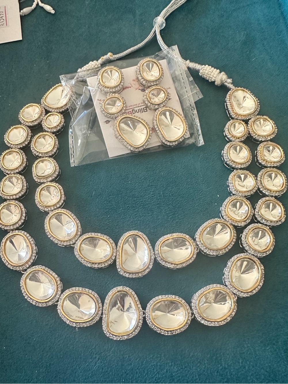 Crystal Statement Necklace and Earring Set - Gold / silver mix - kundan necklace